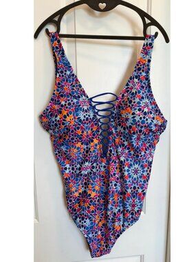Jantzen Geometric One Piece Swimsuit Size 16 Lace Up Front